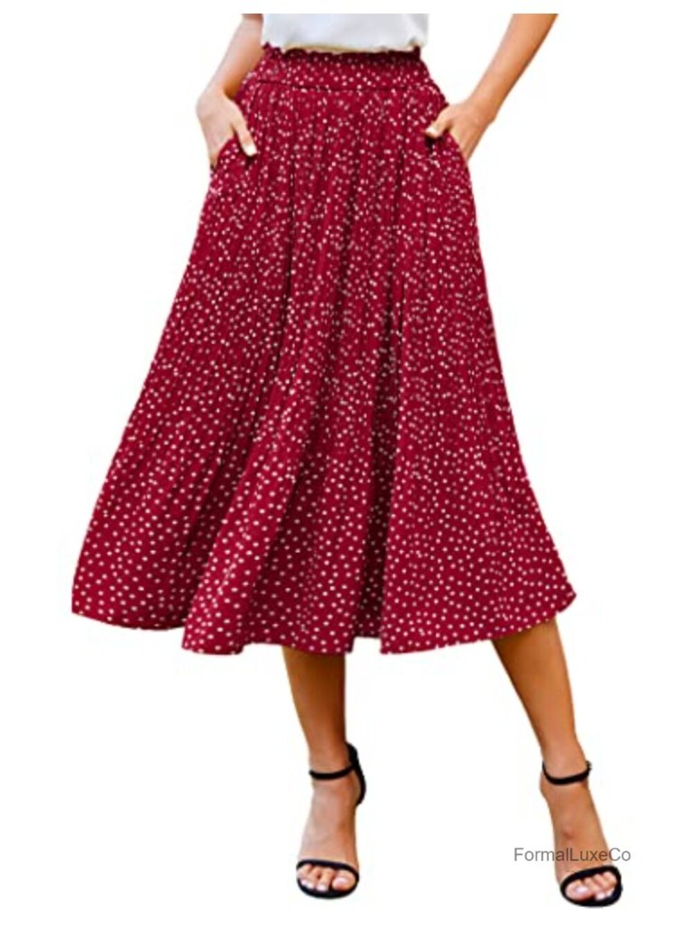 Pleated Midi Skirt High Waisted A-Line Swing with Pockets